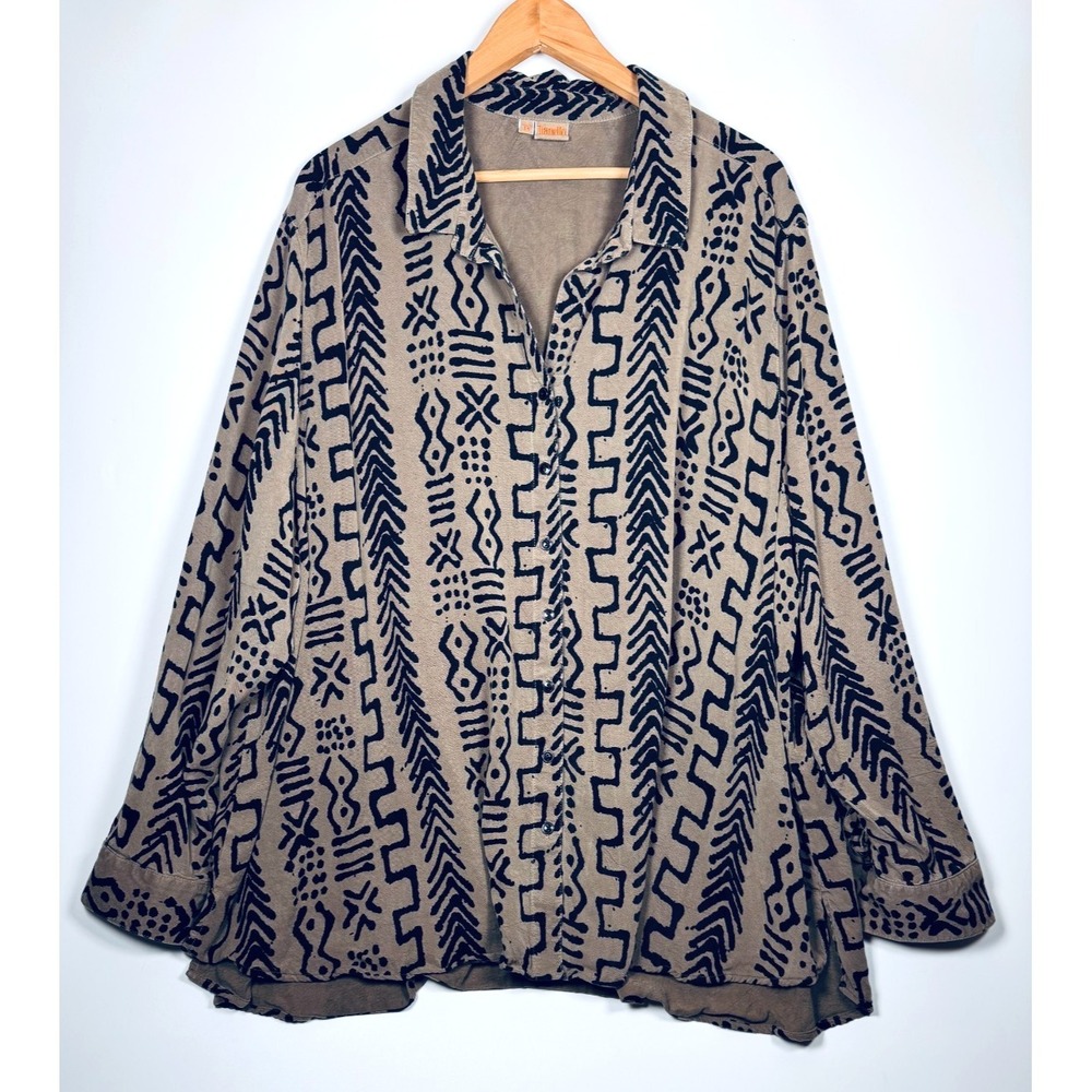Tianello Blouse Womens 3X Brown‎ Black Geometric Print Tencel Rayon Artwear USA